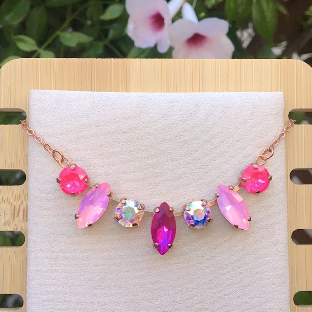Hot Pink + Pink Opal Rose Gold Crystal Statement Necklace